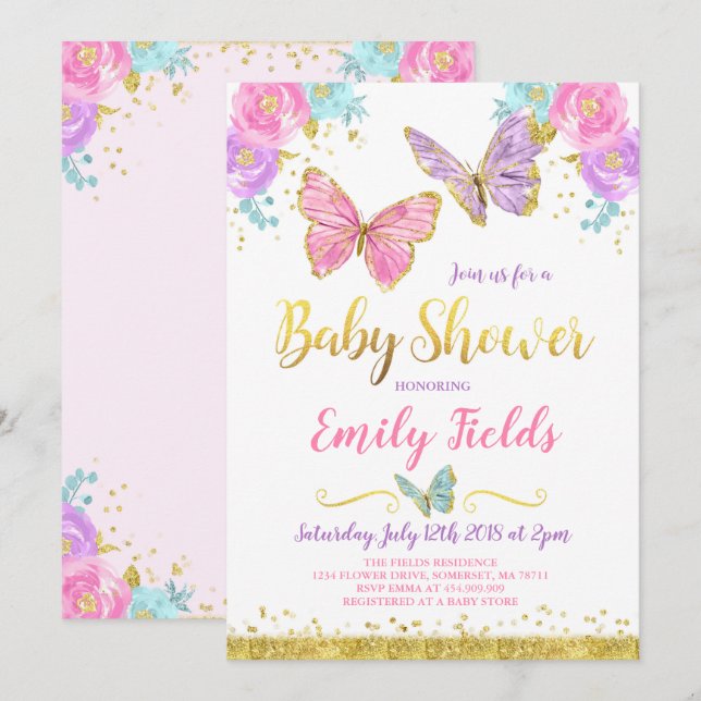 Butterfly Baby Shower Invitation Girl Baby Shower (Front/Back)