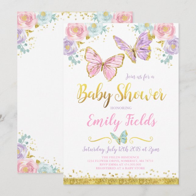 Butterfly Baby Shower Invitation Girl Baby Shower (Front/Back)