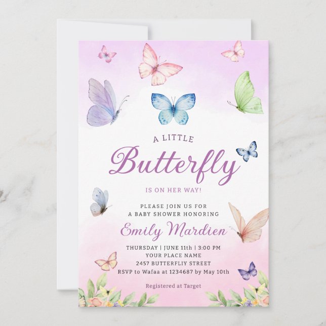 Butterfly Baby Shower Invitation, Girl Baby Shower Invitation (Front)