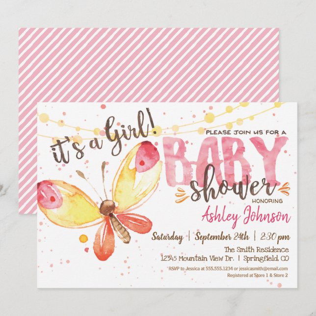 Butterfly Baby Shower invitation, it's a girl Invitation (Front/Back)