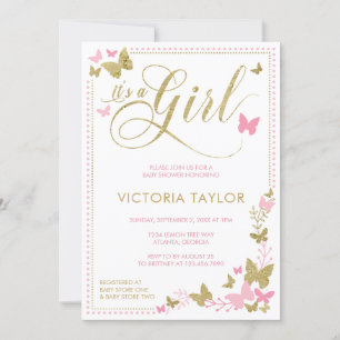 Butterfly Baby Shower Invitation, Pink, Gold Invitation