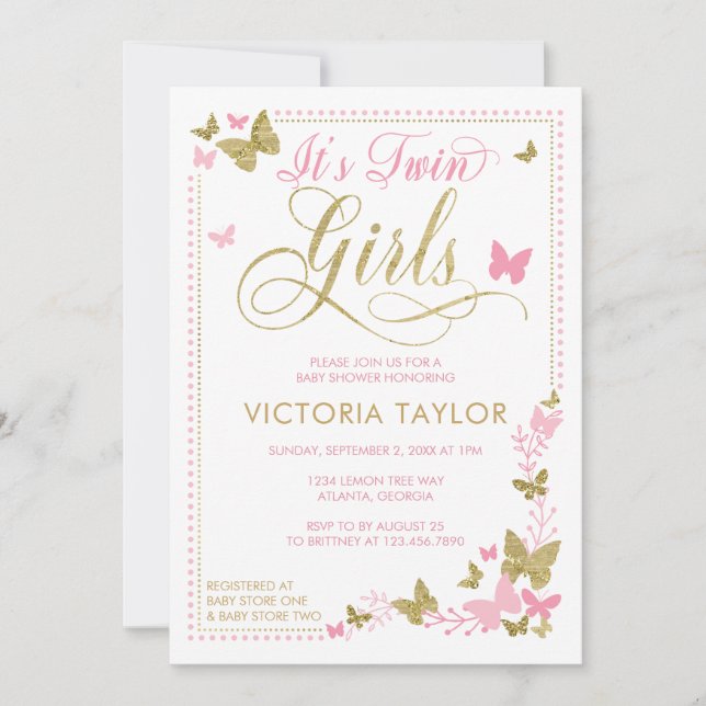 Butterfly Baby Shower Invitation, Pink, Gold Invitation (Front)