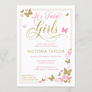 Butterfly Baby Shower Invitation, Pink, Gold Invitation