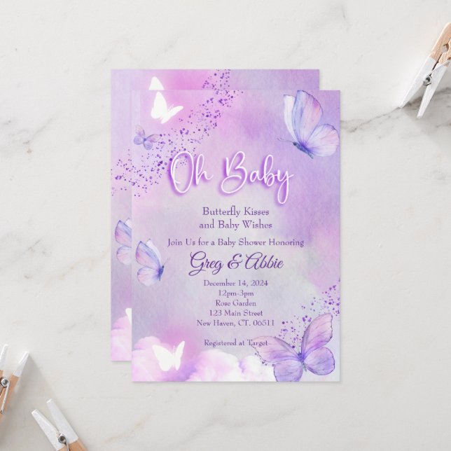 Butterfly Baby Shower Invitation Purple (Front/Back In Situ)