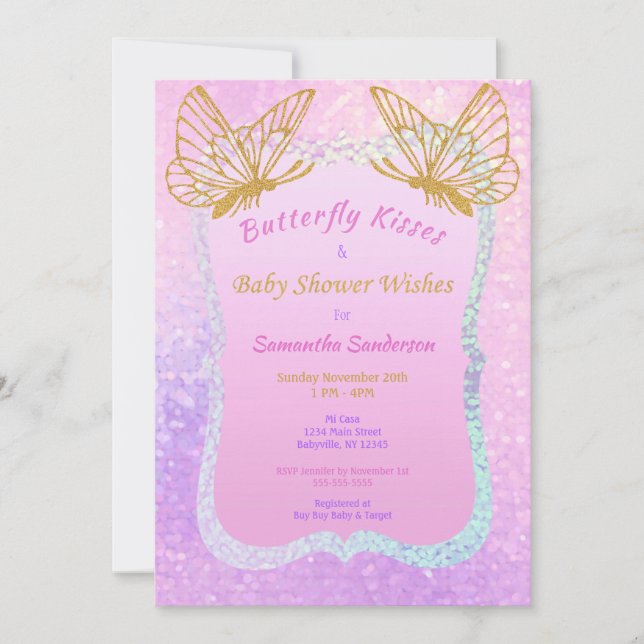 Butterfly Baby Shower Pink and Gold Butterfly Kiss Invitation (Front)