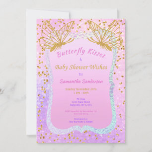Butterfly Baby Shower Pink and Gold Confetti Invitation