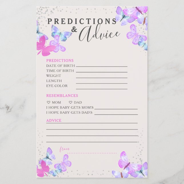 Butterfly Baby Shower Predictions and Advice Card (Front)