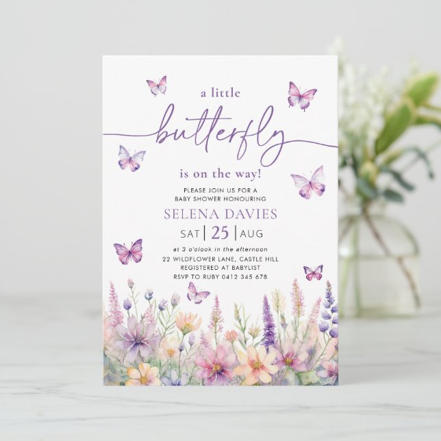 Butterfly Baby Shower Purple Butterfly Pink Flower Invitation (Standing Front)