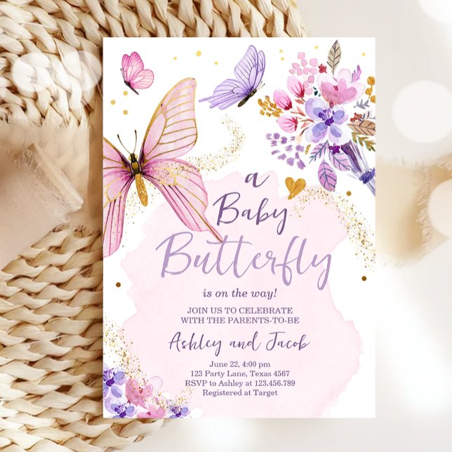 Butterfly Baby Shower Purple Floral Pink Girl  Invitation (Creator Uploaded)