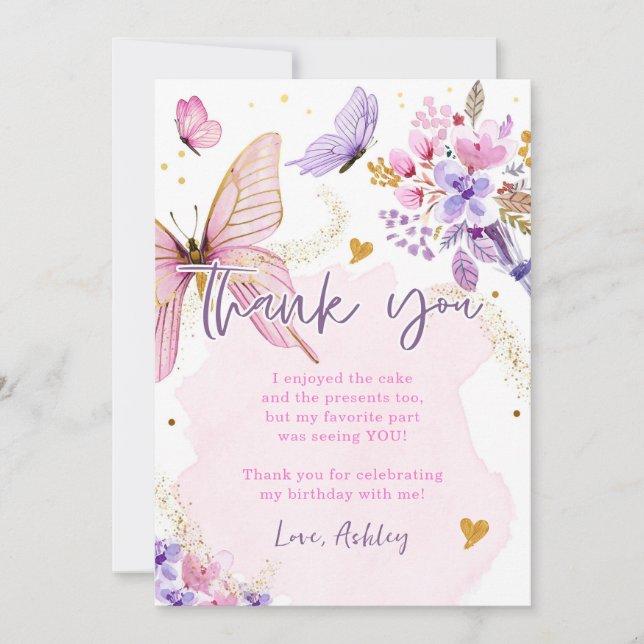 Butterfly Baby Shower Purple Floral Thank You Card (Front)