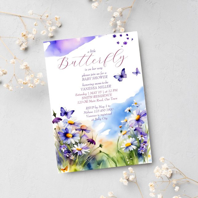 Butterfly baby shower violets daisy meadow invitation (Butterfly baby shower template invitation digital download meadow daisies violets purple butterflies)