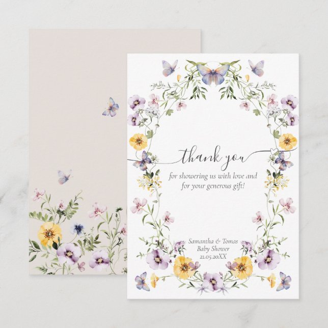 Butterfly Baby Shower Wildflower  Thank You Card (Front/Back)