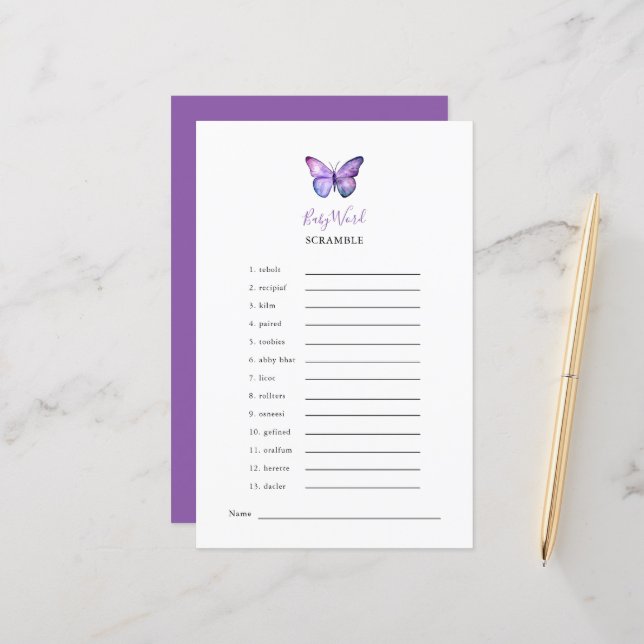 Butterfly Baby Shower Word Scramble Game Party  (Front/Back In Situ)