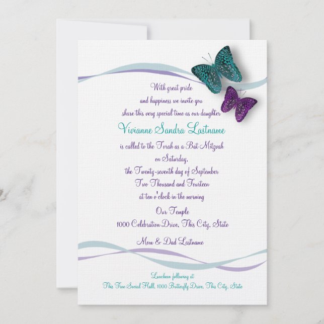 Butterfly Bat Mitzvah Invitation (Front)