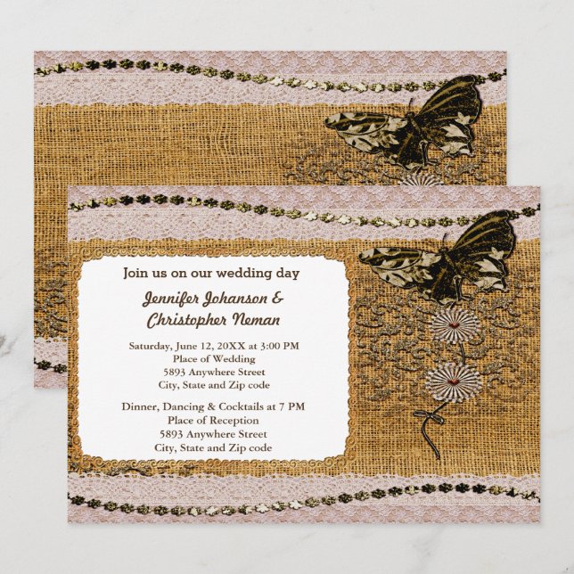 Butterfly, Beads Lace & Burlap Wedding Invitation (Front/Back)