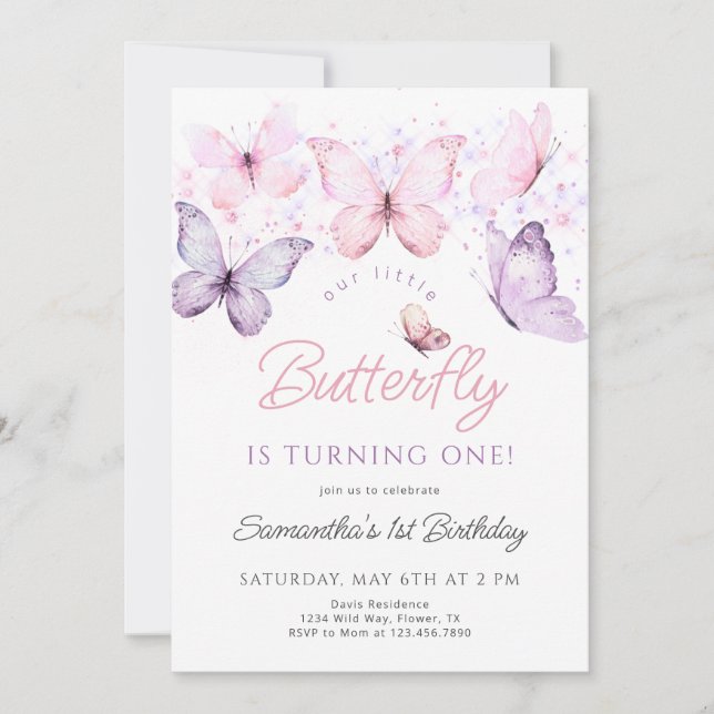 Butterfly Birthday Invitation, First Birthday Invi Invitation (Front)