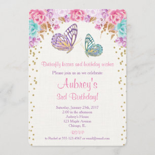 Butterfly birthday invitation, pink purple gold invitation