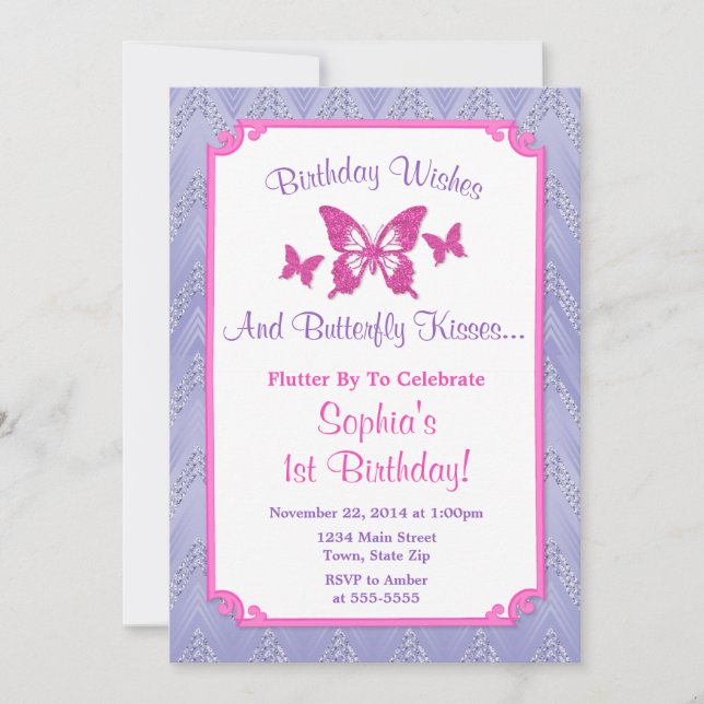 Butterfly Birthday Invitation Purple 1st Birthday (Front)