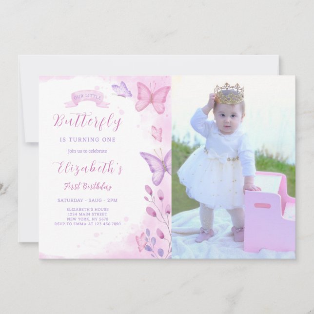 Butterfly Birthday Invitation With Photo (Front)