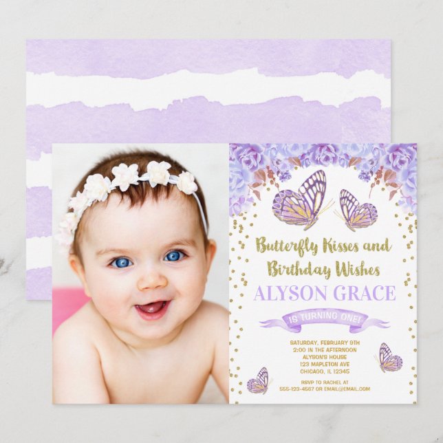 Butterfly birthday invitations, purple gold photo invitation (Front/Back)