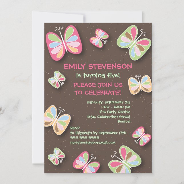 Butterfly Birthday Party Invitation Pink & Brown (Front)