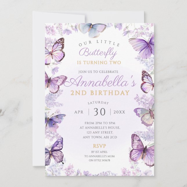 Butterfly Birthday Party Invite Purple Butterflies (Front)