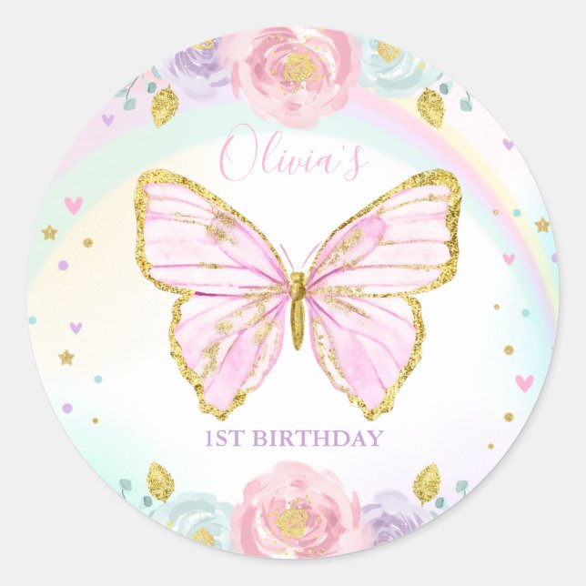 Butterfly Birthday Party Pink Floral Butterfly Classic Round Sticker (Front)