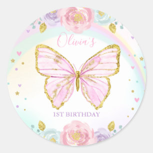 Butterfly Birthday Party Pink Floral Butterfly Classic Round Sticker