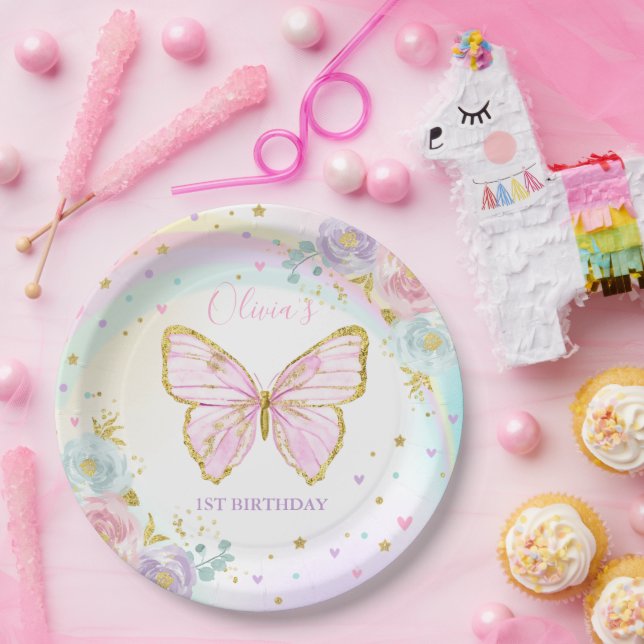 Butterfly Birthday Party Pink Floral Butterfly Paper Plate (Party)