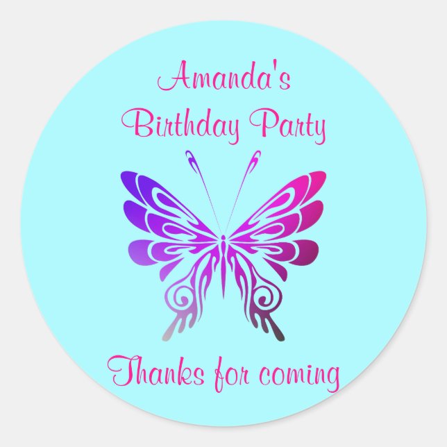 Butterfly Birthday Party Thank You Classic Round Sticker (Front)