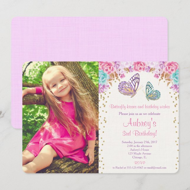 Butterfly birthday pink gold purple photo invitation (Front/Back)