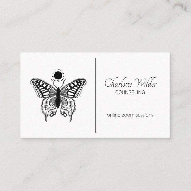 Butterfly Black And White Counsellor Business Card (Front)
