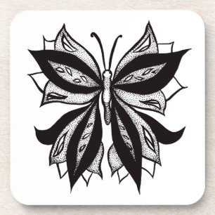 Butterfly Black And White Tribal Tattoo Coaster