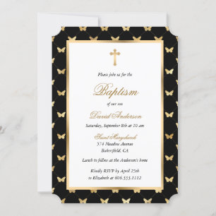 Butterfly Black Gold Cross Elegant Script Baptism Invitation
