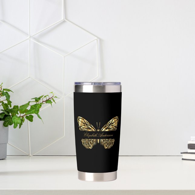 Butterfly black gold elegant name script insulated tumbler (Creator Uploaded)