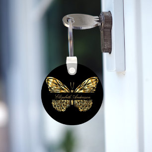 Butterfly black gold elegant name script key ring