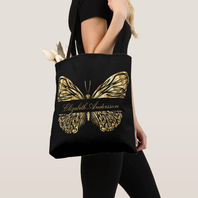 Butterfly black gold elegant name script tote bag (Close Up)