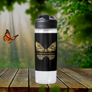 Butterfly black gold name script water bottle