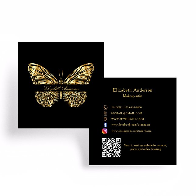 Butterfly black gold QR code elegant script Square Business Card (Creator Uploaded)