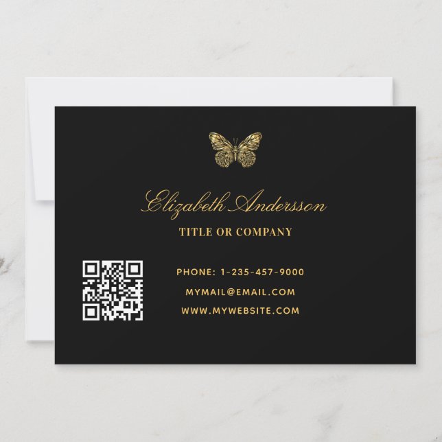 Butterfly black gold script QR code business card (Back)