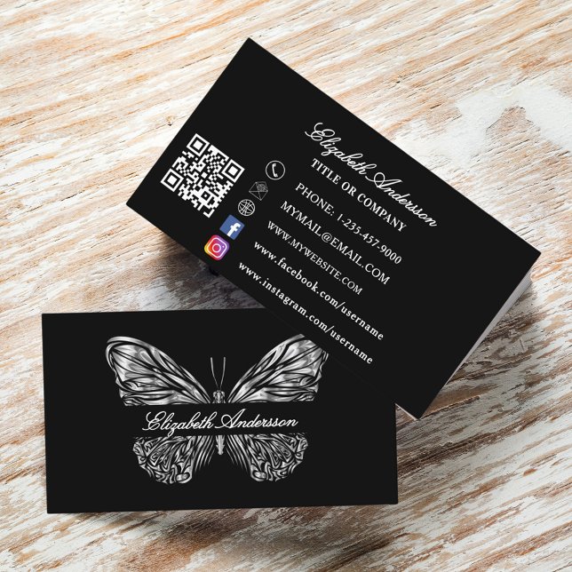 Butterfly black silver QR code elegant script Business Card (Creator Uploaded)