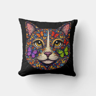 Butterfly Bloom Color Cat Portrait Cats Mom Black Cushion