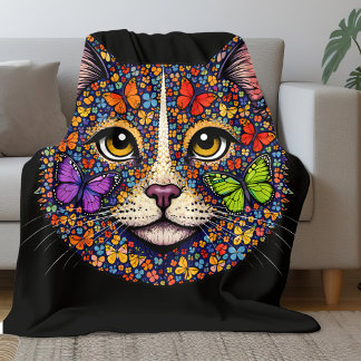 Butterfly Bloom Color Cat Portrait Cats Mom Black Fleece Blanket