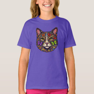 Butterfly Bloom Colourful Cat Portrait Cute Girl T-Shirt