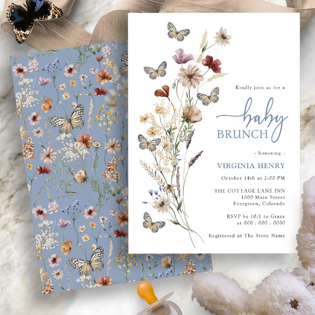 Butterfly Blue Baby Shower Invitation (Boho Wildflowers Butterfly Blue Baby Shower Invitation by Painted Paperie
)