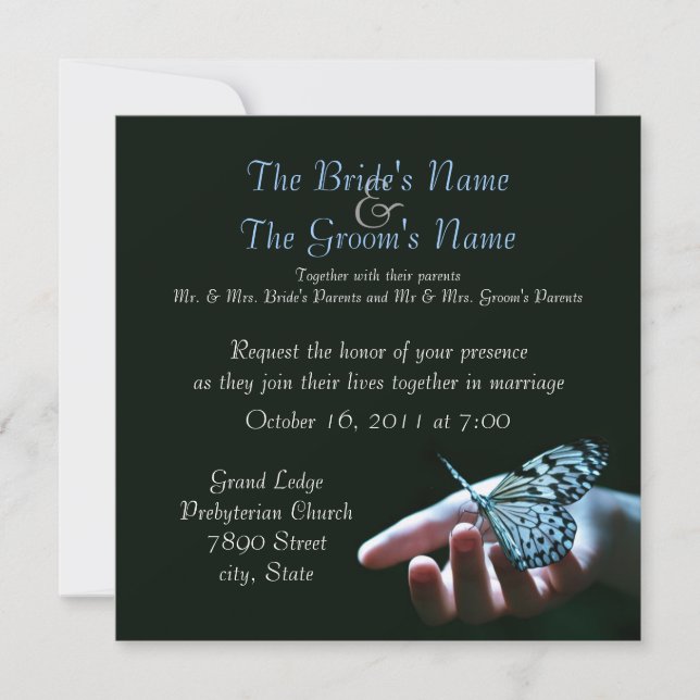 butterfly blue black wedding invitations (Front)