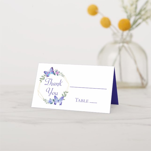 Butterfly Blue Floral Butterflies Wedding Party Place Card (Front)