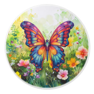 Butterfly Blue Orange Wings Ceramic Knob