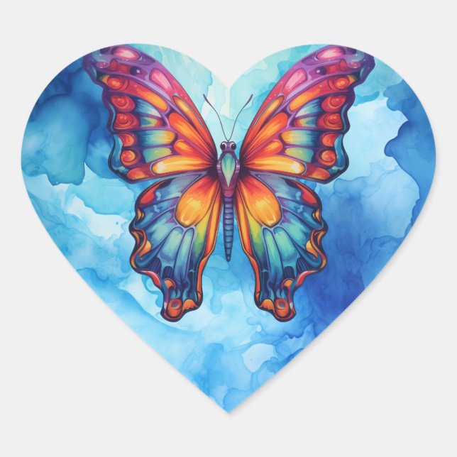 Butterfly Blue Orange Wings Heart Sticker (Front)