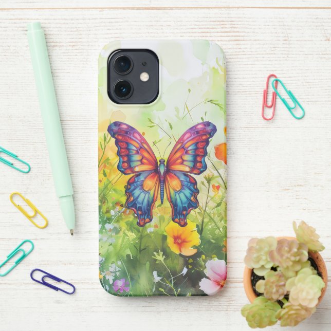 Butterfly Blue Orange Wings iPhone Case (On Desk)